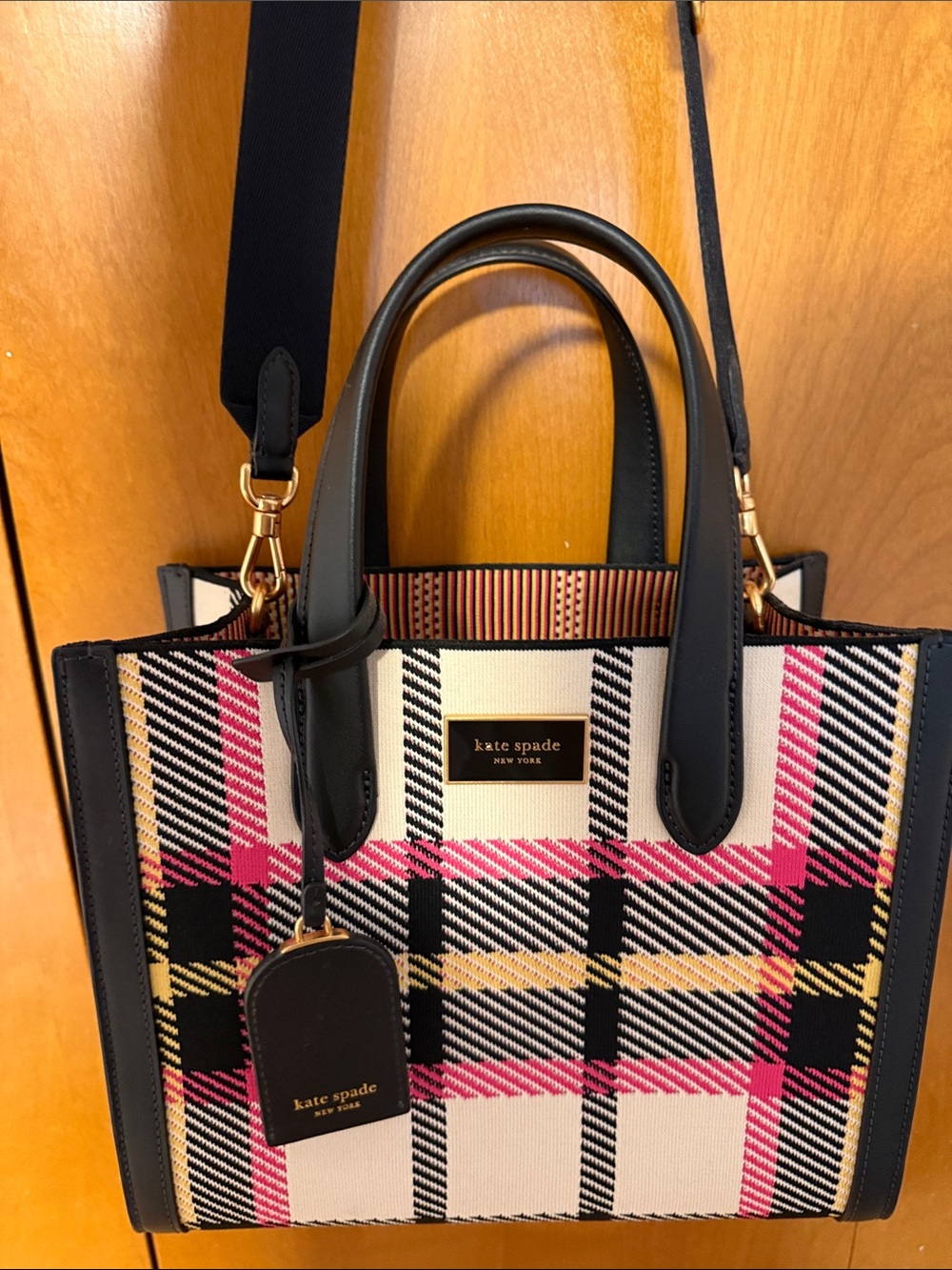 kate spade Pink Plaid Satchel with Black Trim